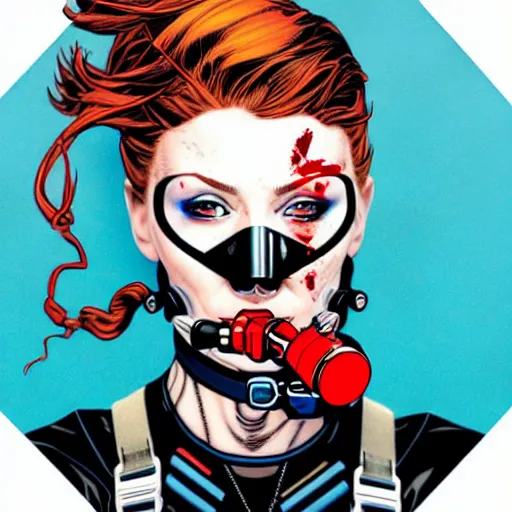 Prompt: a profile photo of a red head woman with a diving oxygen mask with side profile blood in ocean intricate details by MARVEL comics and Sandra Chevrier-C