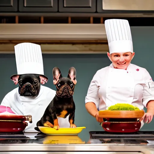 Prompt: a 8k highly detailed still photo by Anne Geddes of Two multi-colored French Bulldogs in chef hats and aprons starring on a cooking show