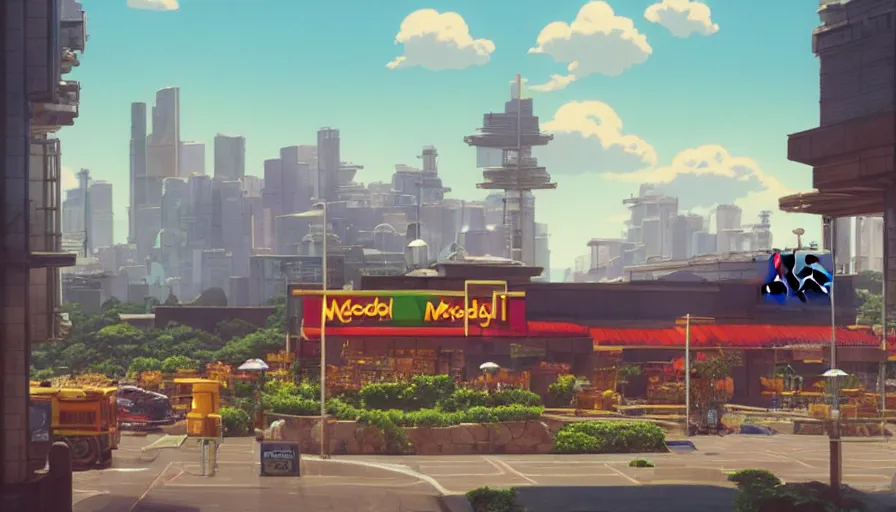 Image similar to A highly detailed matte painting of the biggest McDonalds in the world, by Studio Ghibli, Makoto Shinkai, by Artgerm, by beeple, by Greg Rutkowski, volumetric lighting, octane render, 4K resolution, trending on artstation, masterpiece