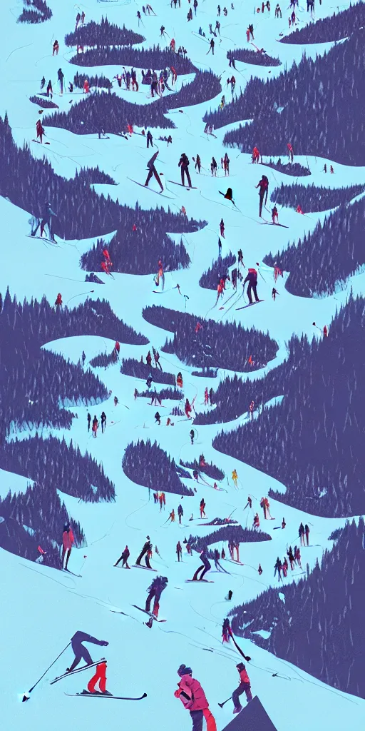 Prompt: by moebius and atey ghailan | the bottom of a ski slope with a huge pile of tangled up skiers |