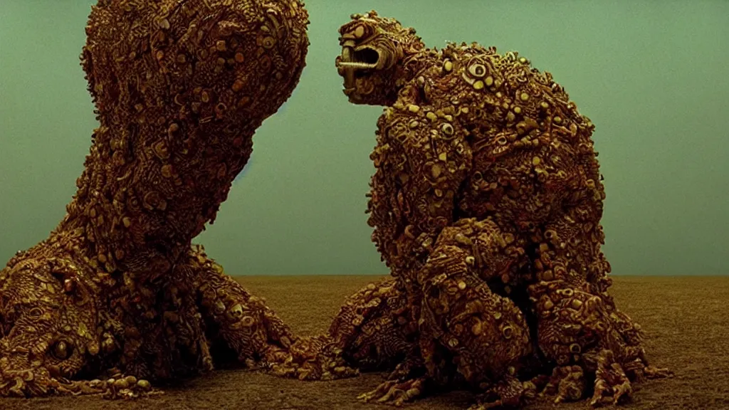 Image similar to the money creature in the bank, film still from the movie directed by denis villeneuve and david cronenberg with art direction by salvador dali and zdzisław beksinski