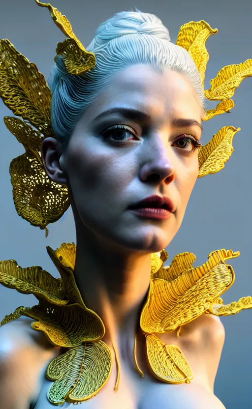 Image similar to intricate hyper detailed ultra sharp 3 d render of a beautiful porcelain seductive woman portrait, medium shot portrait, bright light, alexandre ferra mecha, cyberpunk mechanical haute couture huge white fractal mycelum and fungi, magnolia goliath head ornaments, big embroidered leaves filigree sinuous roots, yellow pistil, octane render, volumetric cinematic lighting, 8 k, vray tracing