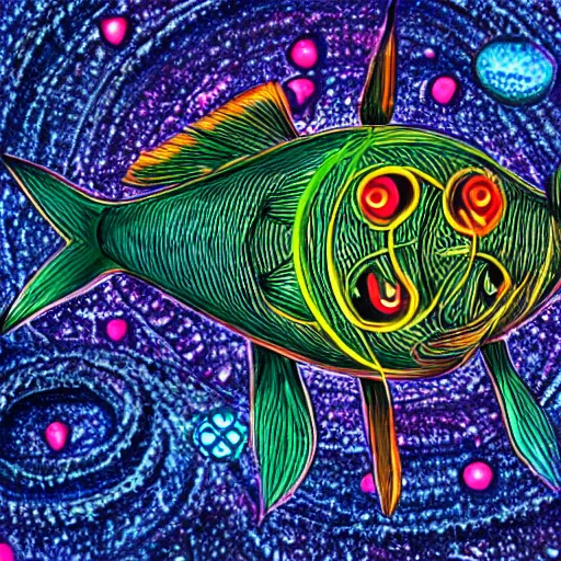 Prompt: A goggle-eyed fish-like chupocabra with wide-open infinity chakras