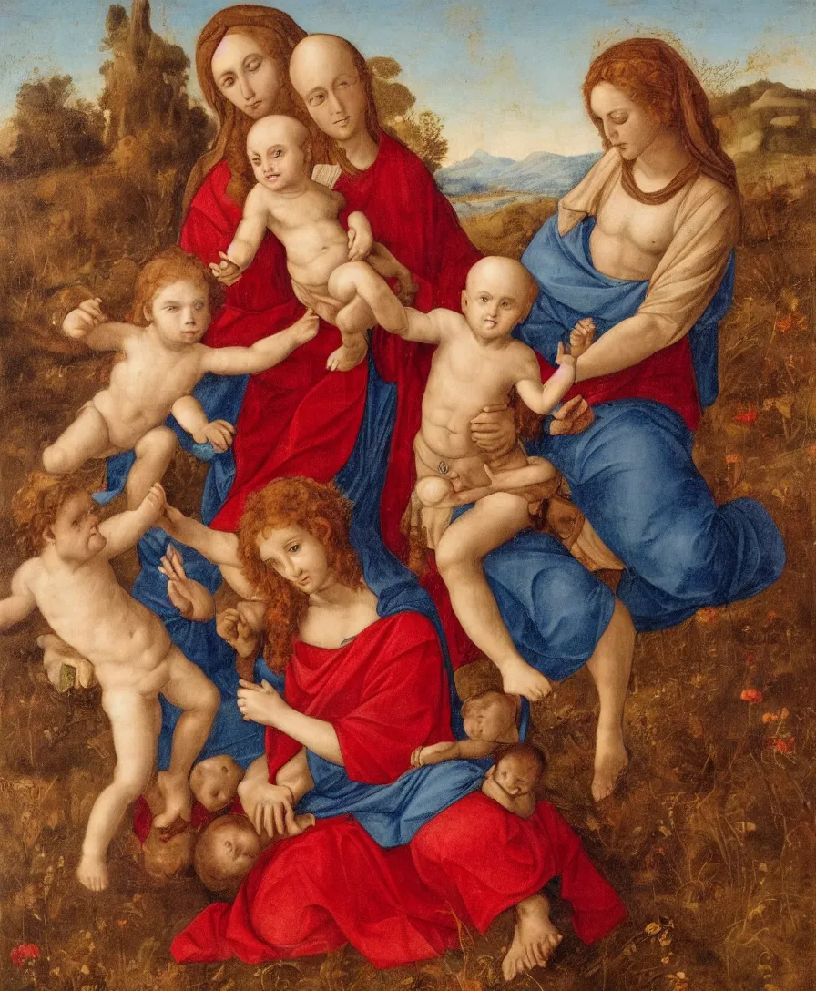 Prompt: Detailed Portrait of Madonna, curly red hair red shirt blue cloth, with infant Jesus, bald, holding a thin cross and fighting with another boy in front of Madonna in the style of Raffael. They are sitting in a dried out meadow near Florence, red poppy in the field. Empty Middleground. On the horizon, there is a blue lake with a town and blue mountains. Flat perspective.