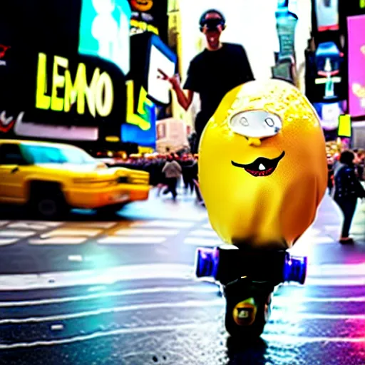 Image similar to a cool lemon riding a skateboard in times square new york