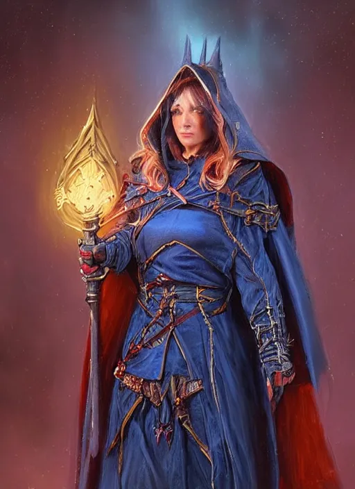 Image similar to dark blue cloak female priest, ultra detailed fantasy, dndbeyond, bright, colourful, realistic, dnd character portrait, full body, pathfinder, pinterest, art by ralph horsley, dnd, rpg, lotr game design fanart by concept art, behance hd, artstation, deviantart, hdr render in unreal engine 5