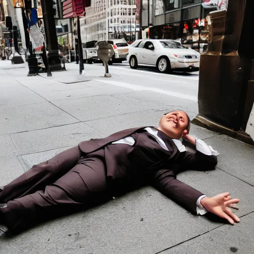 Prompt: A smiling chubby white clean-shaven man dressed in a chocolate brown suit and necktie is laying on the ground in New York city.