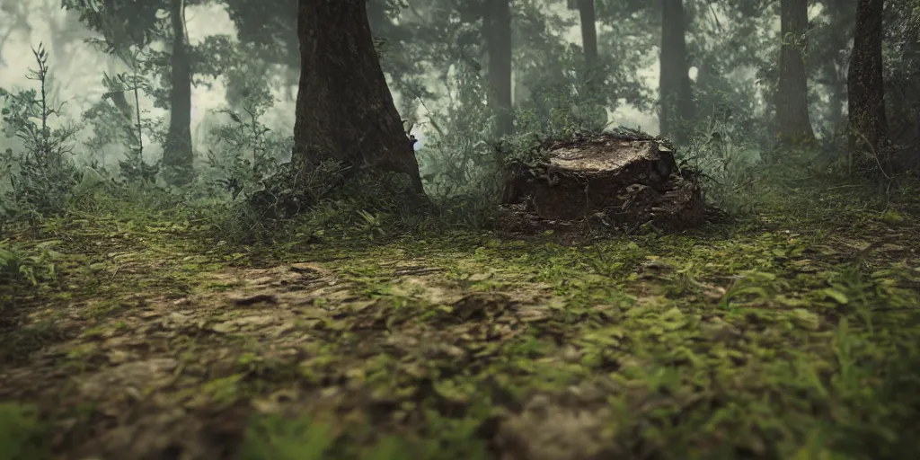 Image similar to a close shot to a mysterious relic in the middle of the forest, unreal engine 5, depth of field, rule of thirds, contest winner, cgsociety