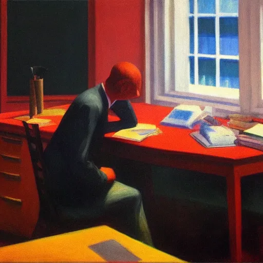 Prompt: a surreal figure sitting at his desk in an office, in a nightmare, by Edward Hopper, highly detailed,