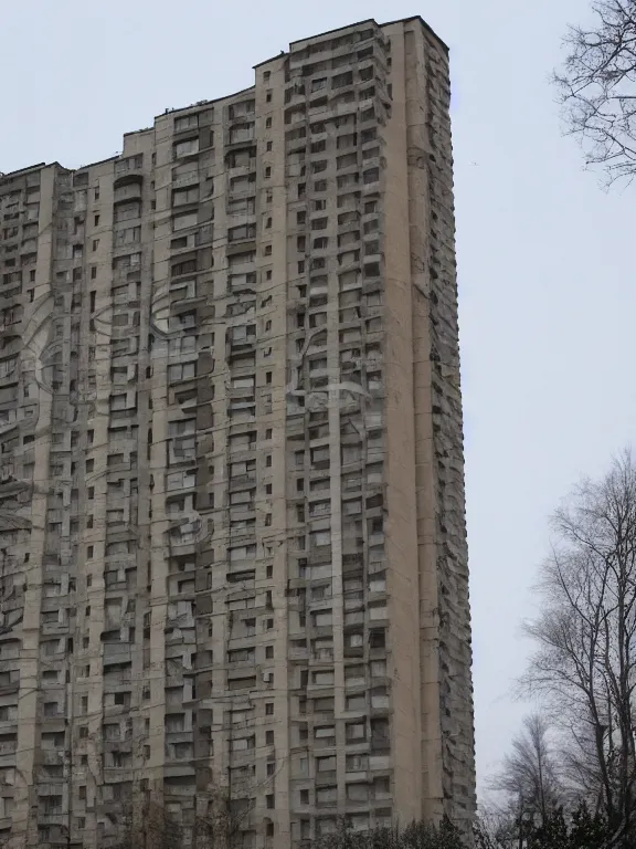 Image similar to soviet apartment building, photo, one full object, front side view