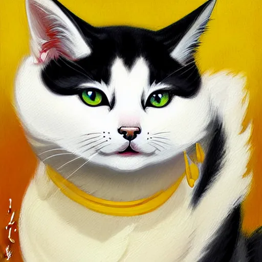 Image similar to painting of a cute white ( okami style ) ( ( kitsune ) ) cat zen master with yellow patterns, plain white background, no people, art by jc leyendecker, phil hale, angular, brush strokes, painterly, crisp, portrait of a cat, cat portrait painting