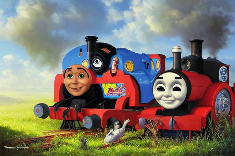 Image similar to portrait of wwf shawn michaels and thomas the tank engine sharing hotdogs, an oil painting by ross tran and thomas kincade