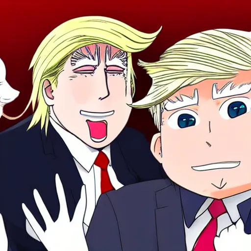 Prompt: An anime version of Donald Trump, cheek blush, shy, uwu, cat ears,