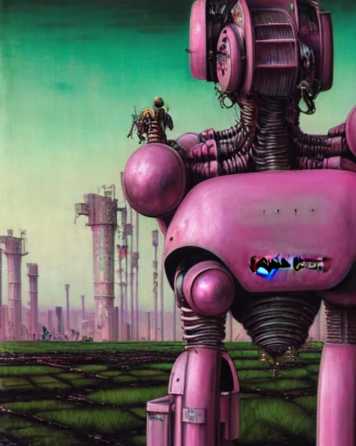 Prompt: hyperrealistic hyperdetailed punk mecha iridescent pink coming out of dystopian city ruins concept art santiago caruso de chirico sharp very dramatic green light 8k low angle shallow depth of field