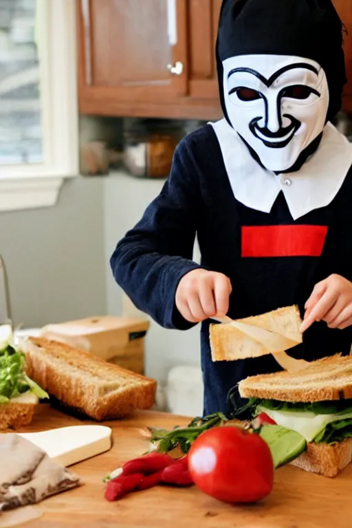 Image similar to a schoolboy in a mask v for vendetta makes sandwiches on the kitchen table