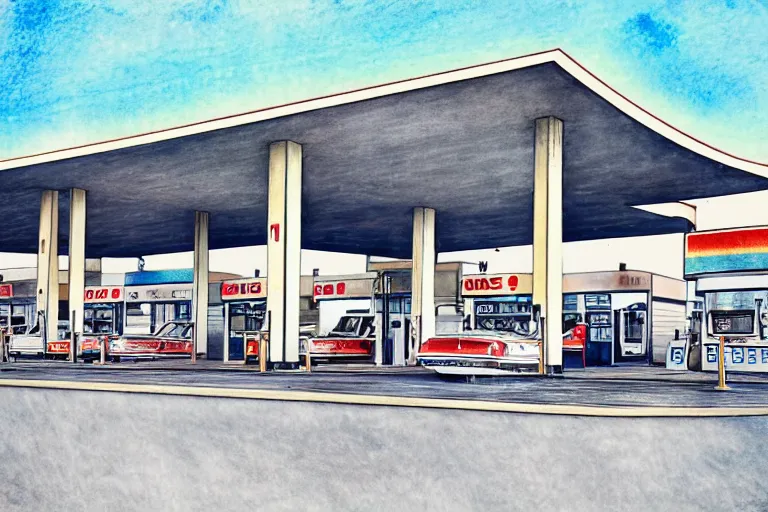 Image similar to a pencil and watercolor art of a beautiful luxurious gas station, retro and 1 9 8 0 s style, beautiful architecture, retro coloring, retro and 1 9 8 0 s style, retro and 1 9 8 0 s filter, black and white, no color