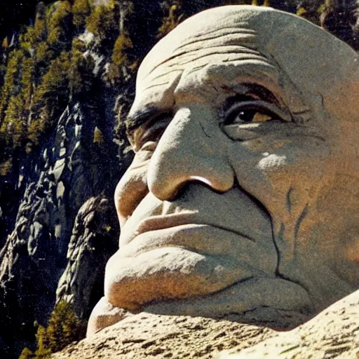 Image similar to old color postcard : abe vigoda's face carved into a mountainside, 6 0 0 feet tall.