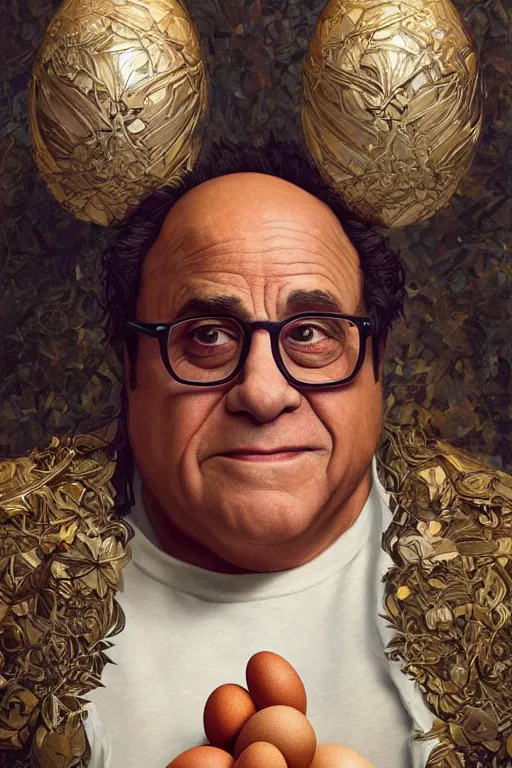 Image similar to danny devito the conqueror and offerer of eggs, fantasy, intricate, elegant, highly detailed, digital painting, artstation, concept art, sharp focus, illustration, art by artgerm and greg rutkowski and alphonse mucha