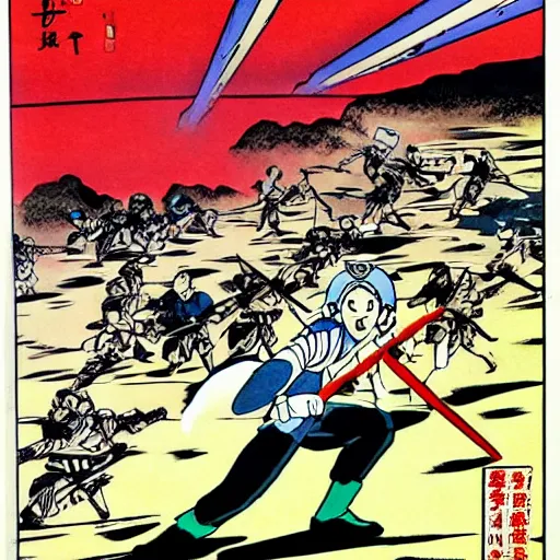 Prompt: soldier running into battle, art by osamu tezuka, manga style