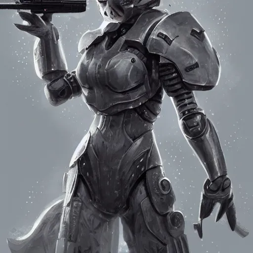 Prompt: cute grey cat wearing armor armed with giant bolter gun shooting, full body shot, intricate, elegant, highly detailed, centered, digital painting, artstation, concept art, smooth, sharp focus, illustration, art by artgerm, WLOP