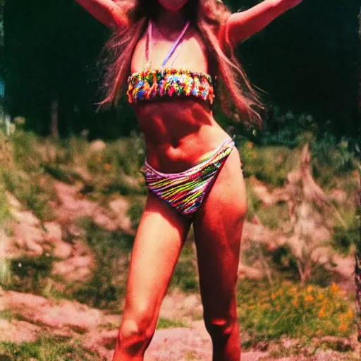 Prompt: expired fuji film photograph portrait of retro psychedelic hippy bikini queen dancing in arambol at shiva valley from 1 9 8 0, hyperrealism, photorealism, imax quality, 8 k
