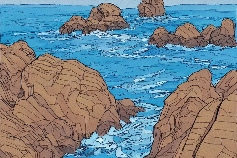 Prompt: seaside rocks in the style of Moebius