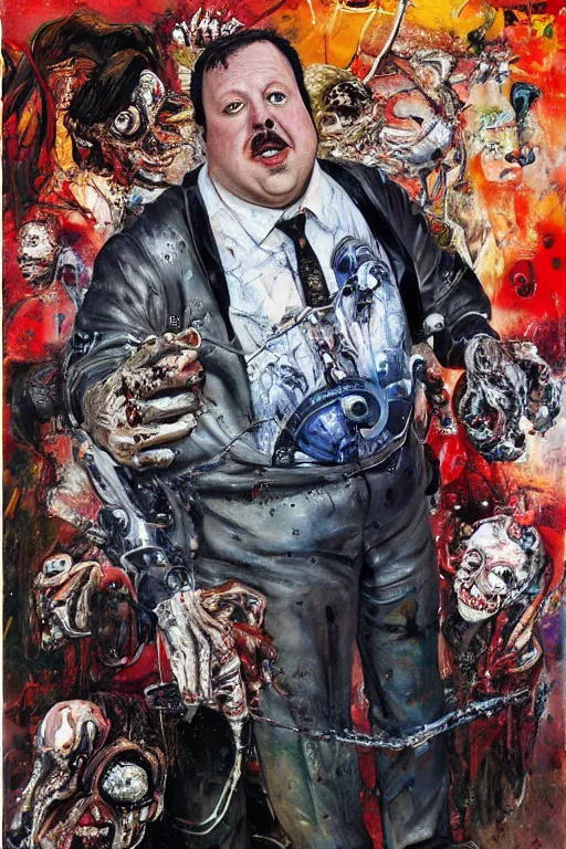 Image similar to paul blart full body shot, hyper - realistic oil painting, body horror, biopunk, by ralph steadman, francis bacon, hunter s thompson