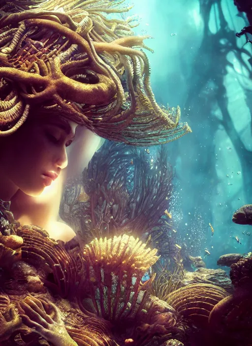 Prompt: beauteous underwater biomechanical incredible hair, crystalline masterpiece incrustations, hyperdetailed face, elegant pose, movie still, intricate, octane render, cinematic forest lighting, cgsociety, unreal engine, crepuscular rays, god rays, caustic lighting