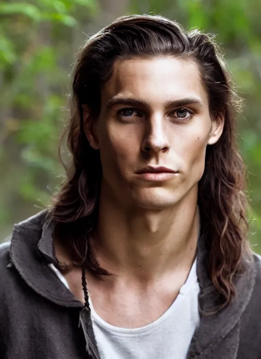 Image similar to a skinny young Tarzan with a man bun, close-up portrait of young white male, with long straight slicked back brown black hair shoulder length