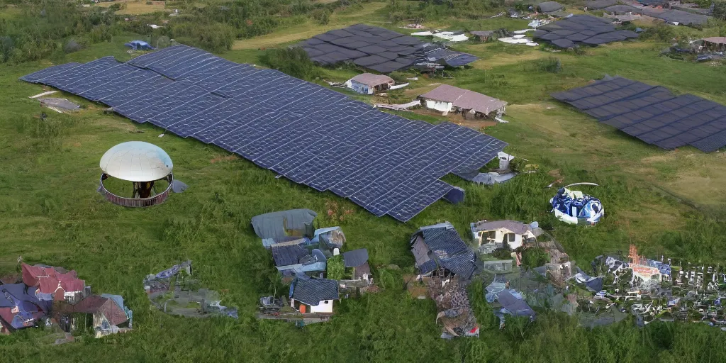 Prompt: ecovillage, hot air balloon, solarpanel, flying cow, solarpunk style