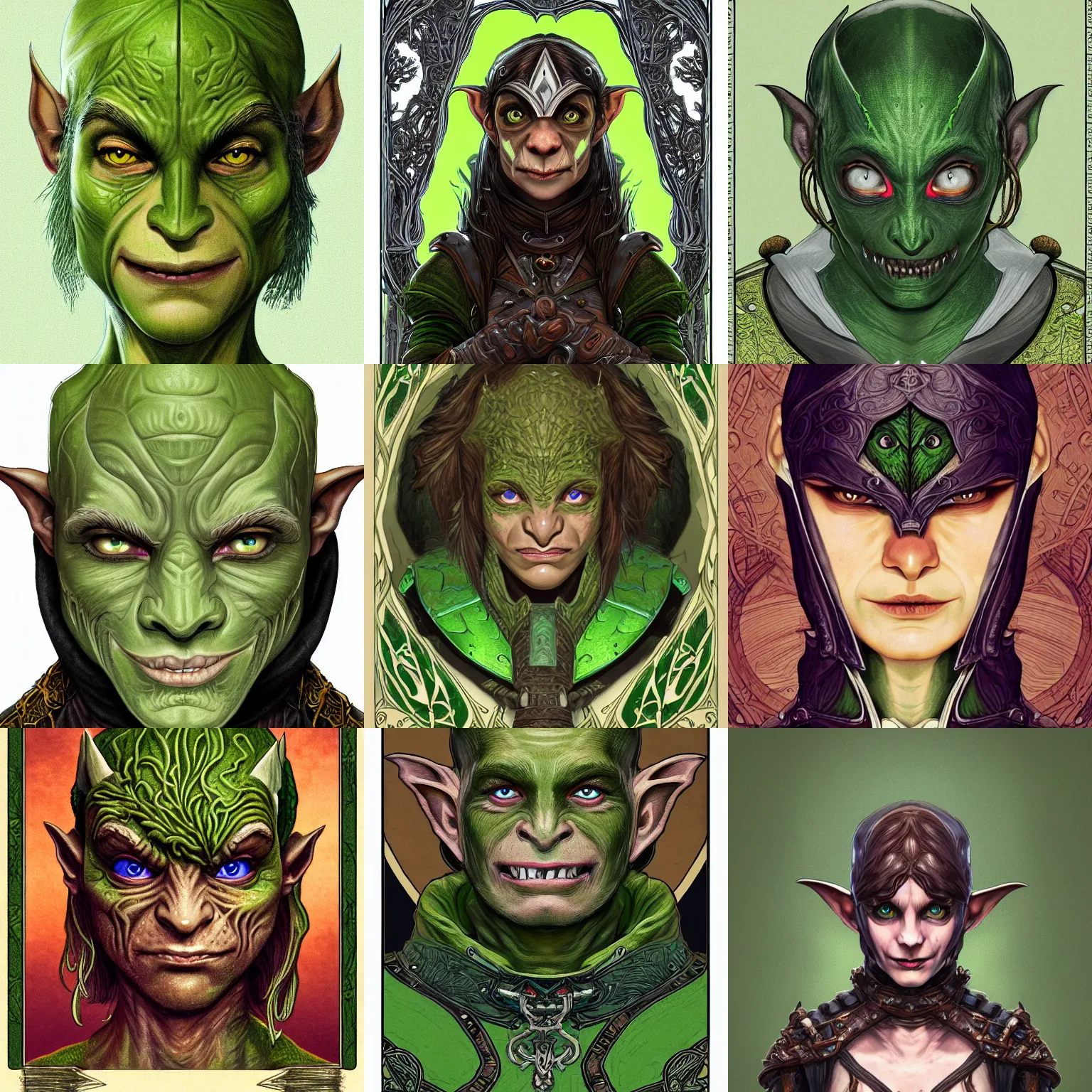 Prompt: head-on symmetrical centered painted portrait, D&D goblin rogue, green skin, leather armour, art nouveau, tarot card style, fantasy, intricate, elegant, highly detailed, smooth, sharp focus, illustration, artstation, in the style of Artgerm and Alex Ross and Mucha