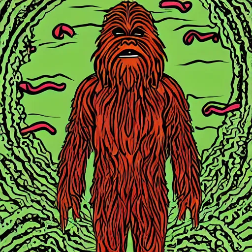 Prompt: pop - wonder - nft alien - meat half - tone - art of a swamp - man - chewbacca wading through the goopy - muck and slithering about the castle side delights on a melted cheesy day in a hand - drawn vector, svg, cult - classic - comic - style