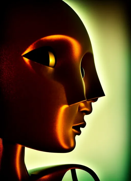 Image similar to a beautiful young female futuristic robot profile face, daguerrotype, closeup - view, f / 2. 8, low contrast, 1 6 k, beautiful lighting, reflective, in a symbolic and meaningful style, surreal dreamy poetic