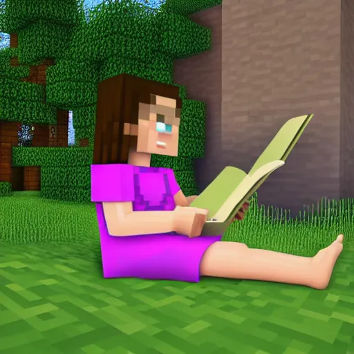 Image similar to a girl reading book in Minecraft, 4k