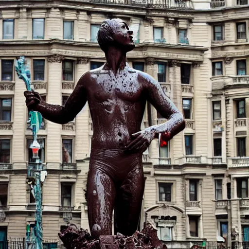 Prompt: liberty statue get sink on chocolate liquid rain, flooded with chocolate