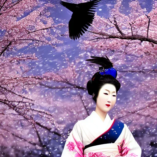 Prompt: a geisha with indigo colored geisha outfit holding out a raven with its wings spread ready to fly. snow falling in the night. japanese cherry blossoms by a babble ultrarealistic 8 k