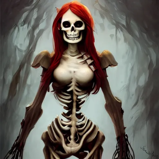 Image similar to cute & beautiful smug smiling undead skeleton girl with very attractive face and red hair dressed as a pirate, elegant, digital art, fullbody painting, fantasy, pixar style, painting, pin up, highly detailed, artstation, art by artgerm, vrubel, greg rutkowski, ilya kuvshinov, raymond swanland