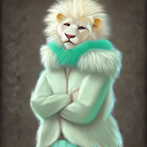 Prompt: aesthetic portrait commission of a albino male furry anthro lion wearing a cute mint colored cozy soft pastel winter outfit, winter atmosphere. character design by chunie
