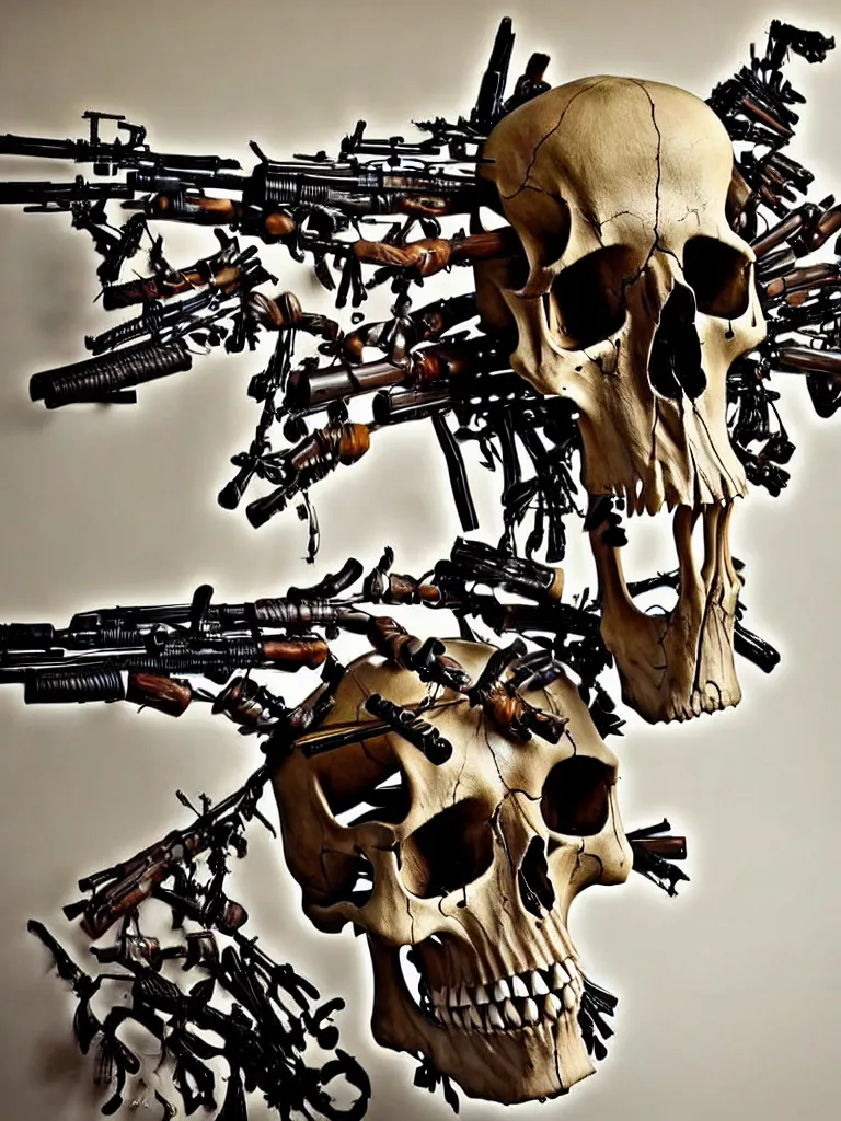 Image similar to animal skull made of rifles, animal bones made of guns, ultra-realistic, intricate details photograph