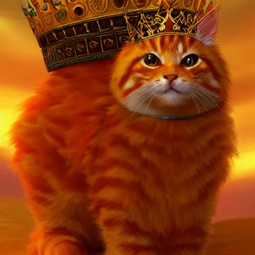 Image similar to colossal fluffy orange royal king tabby cat wearing a golden crown, golden hour, fantasy, vivid colors, sharp focus, digital art, hyper - realistic, 4 k, unreal engine, highly detailed, hd, dramatic lighting by brom, trending on artstation