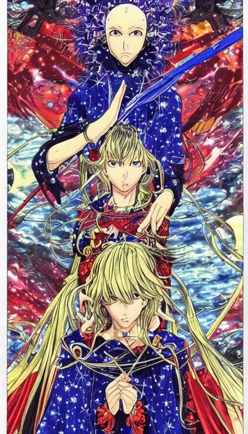 Image similar to anime tarot card based on the card Judgement, drawn by hideaki anno, beautiful lines, cosmic, psychedelic, detailed, clean