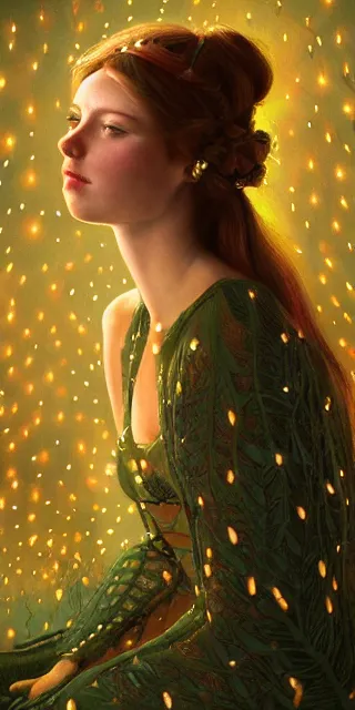 Image similar to a totally enchanted young woman surrounded by golden firefly lights in a mesmerizing scene, sitting amidst nature fully covered, intricate detailed dress, long loose red hair, precise linework, accurate green eyes, small nose with freckles, smooth oval head, expressive emotions, hyper realistic ultrafine portrait by artemisia gentileschi, jessica rossier, artgerm