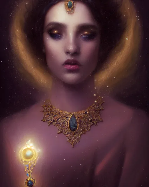 Image similar to Nocturne, glowing, stars, a portrait of a beautiful female shadow djinn with jeweled collar, long hair, glowing eyes, highly detailed, mysterious, ethereal, dressed in velvet and gold jewelry, haute couture, illustration, dramatic lighting, painting, by Edmund Blair Leighton, Brom, Charlie Bowater, trending on artstation, faces by Tom Bagshaw, otto schmidt