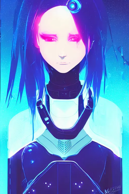 Image similar to digital illustration portrait of cyberpunk pretty cosmic girl galaxy armor with blue hair, wearing dominatrix outfit, in city street at night, by makoto shinkai, ilya kuvshinov, lois van baarle, rossdraws, basquiat