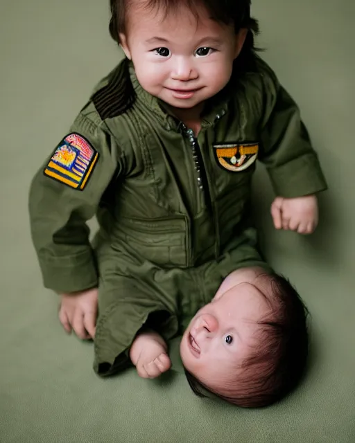 Image similar to annie leibovitz headshots of an adorable eurasian infant dressed as tom cruise in top gun's maverick, 5 0 mm soft focus