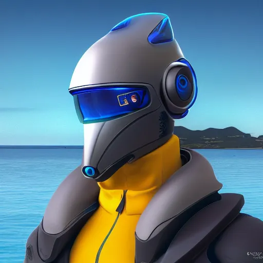 Image similar to very very beautiful furry art, bust profile picture of a male robotic anthro bottlenose dolphin, synthetic cetacean hybrid android, face covered by opaque visor, truncated snout under visor, round shapes, all dark blue metal, commission on furaffinity, cgsociety, octane render, sea in background
