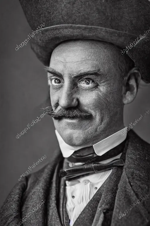 Image similar to Portrait of a jolly victorian gentleman, male, cheerful, happy, detailed face, victorian, highly detailed, cinematic lighting, photograph, black and white