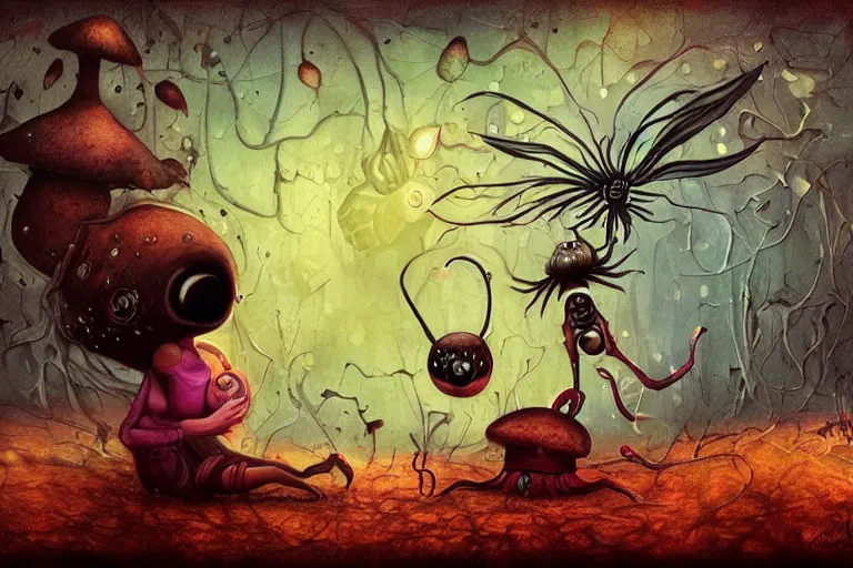 Prompt: Alice meets a Caterpillar that teaches her to eat mushroom to control her size, biomechanoid, sci-fi, dramatic, art style Megan Duncanson and Benjamin Lacombe, super details, dark dull colors, ornate background, mysterious, eerie, sinister