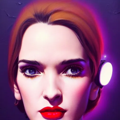 Image similar to photorealistic portrait of winona ryder, highly intricate, retro 6 0 s fashion, elegant, highly detailed, crispy quality and cyber neon light reflections, trending in artstation, trending in pinterest, glamor pose, sharp focus, no signature, no watermark, art by artgerm and greg rutkowski
