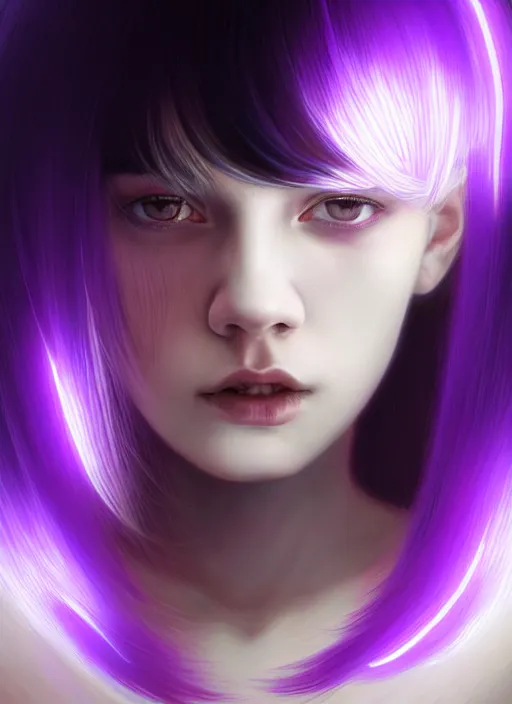 Image similar to hair whitebangs hair, black hair, whitebangs, portrait of teenage girl with white bangs, red irises, purple clothes, white bangs, bangs are different color from hair, intricate, elegant, glowing lights, highly detailed, digital painting, artstation, concept art, smooth, sharp focus, illustration, art by wlop, mars ravelo and greg rutkowski